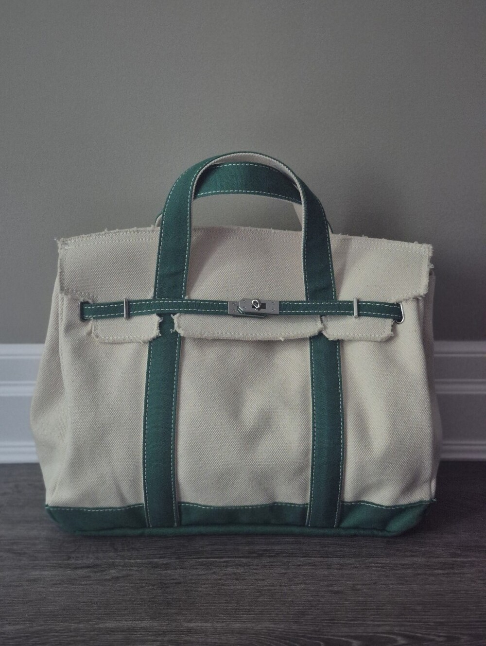 Boatkin Sunwin Canvas Hermes Birkin Bag Style Cream Kelly Green NEW